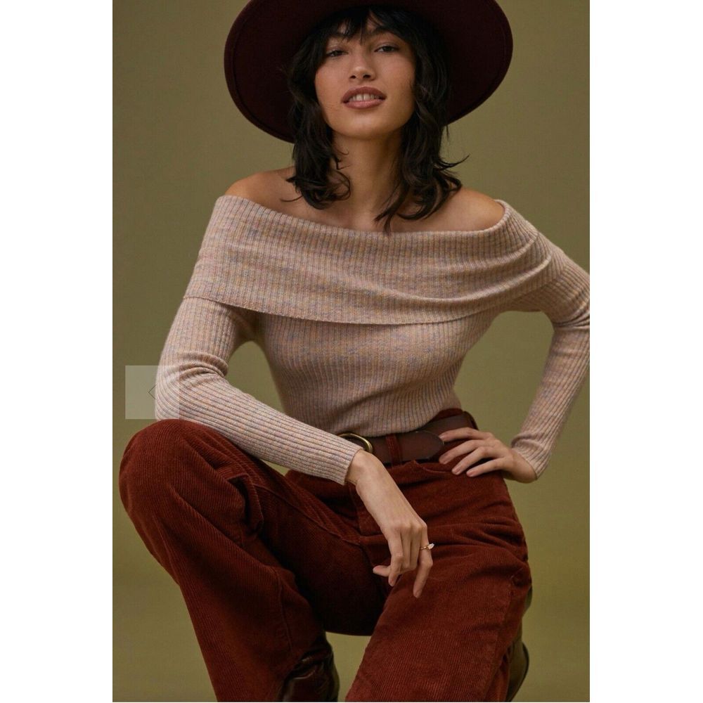 Anthropologie Maeve Women Size Large Off Shoulder Cashmere Sweater Neutral Motif